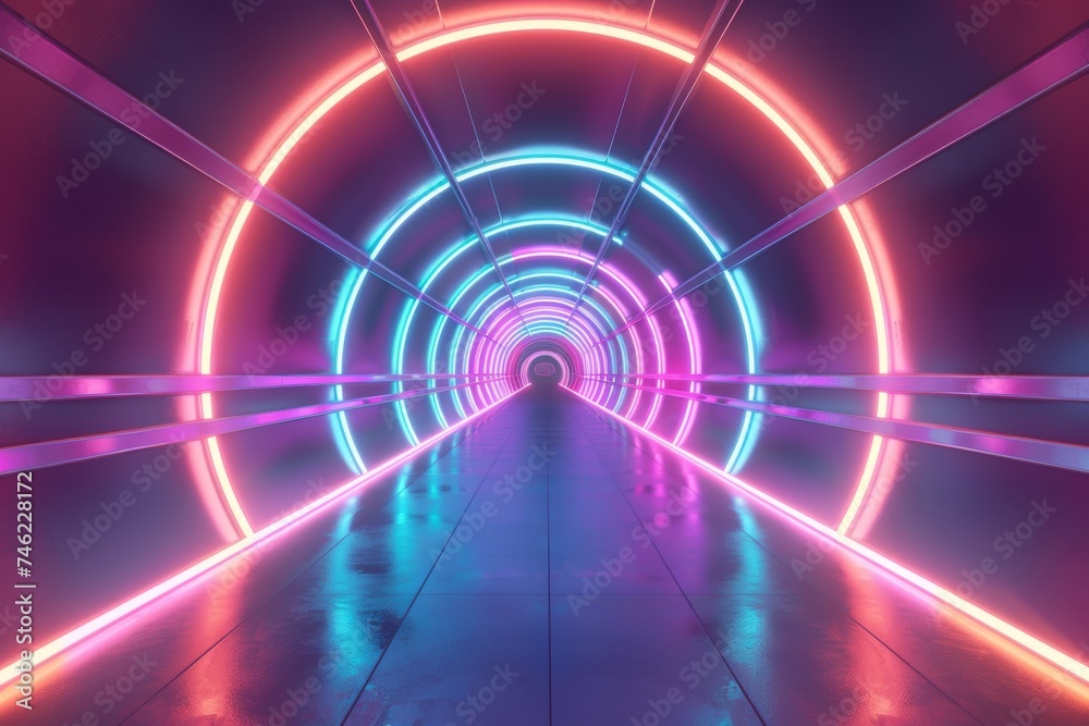 3D rendered abstract neon pathway with glowing edges and futuristic architecture 3D rendered abstract neon pathway with glowing edges and futuristic architecture