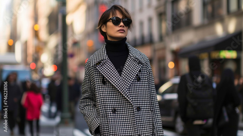 A black and white houndstooth print trench coat layered over a black turtleneck and trouser combo giving off a refined and sophisticated vibe against a bustling city street.