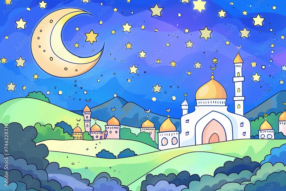 Cartoon cute doodles of a peaceful Ramadan night scene with a crescent moon and twinkling stars in the sky, Generative AI