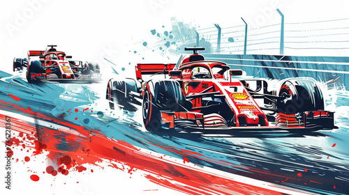 Two formula racing cars in a high-speed chase, depicted with vibrant abstract motion lines.