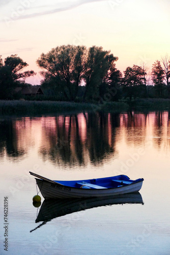 Sunset at lake in rural Masuria, Poland