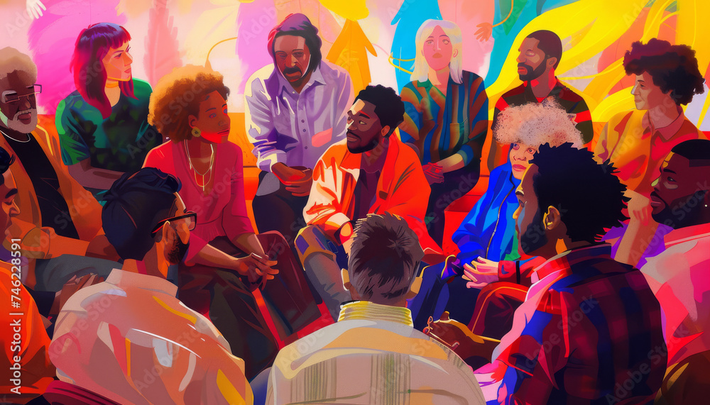 © MastersedZ - Illustration of a diverse group of people engaging in an animated discussion in a vibrant, colorful setting.