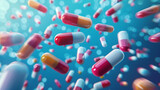A 3D illustration of various colorful capsules and pills suspended in the air with a blue background.