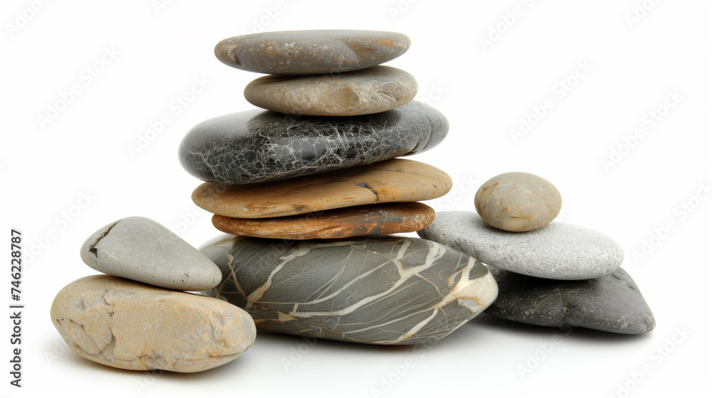 A collection of smooth, polished stones of various sizes, shapes, and colors, carefully stacked against a white background