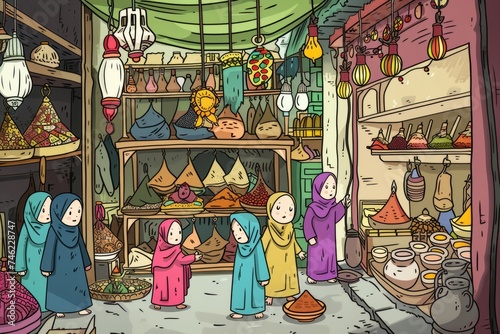 Cartoon cute doodles of a group of friends walking through a Ramadan marketplace filled with spices, textiles, and trinkets, Generative AI