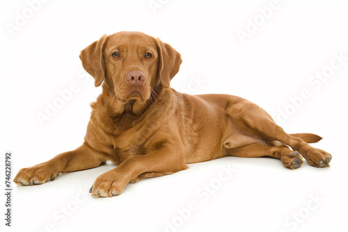 A brown dog lying down isolated on white background