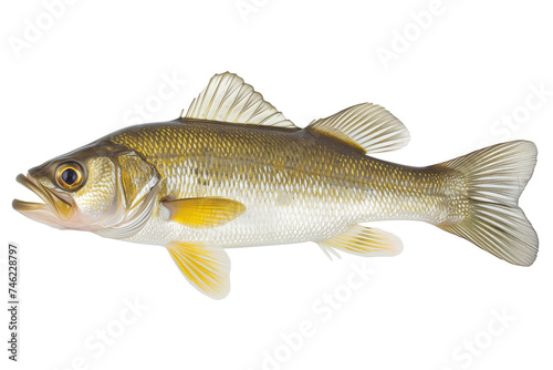 A fish with intricate scales and fins, rendered in shades of grey and yellow against a white background