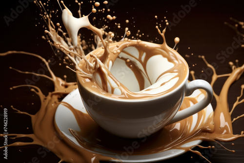 A cup of coffee mid-splash with milk, a dynamic dance of flavors and aromas, a moment captured through AI Generative.
