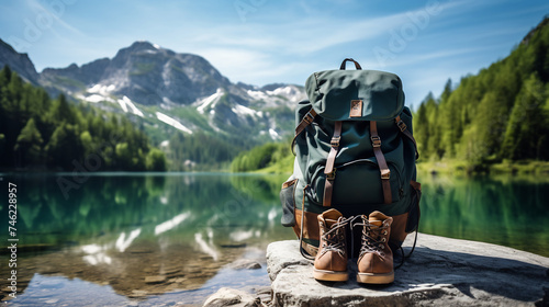 Hiking Boots and Backpack on Rocky Shore Overlooking Serene Mountain Lake. Adventure and Trekking Concept