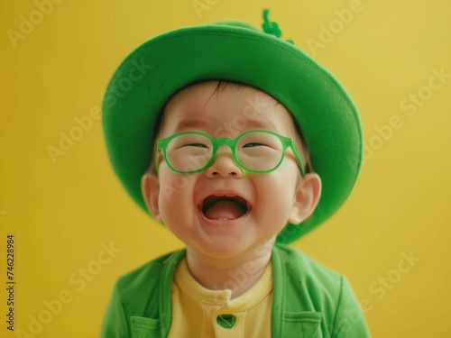 Copy space of portrait of funny and cry baby with glasses and St.Patrick's Hat happy condition, green baby cry suit with the best stock photos and, the bright background, St.Patrick's Day concept