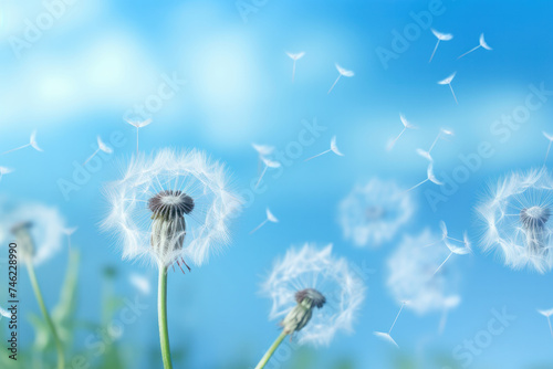 Delicate dandelion seeds take flight against a serene French blue backdrop  embodying freedom and lightness AI Generative.