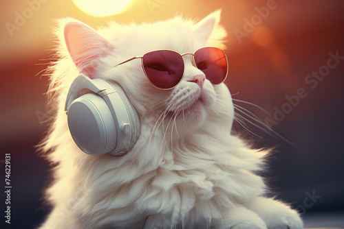 A chic white cat dons sunglasses and headphones, a whimsical blend of music and style in the sunset AI Generative.