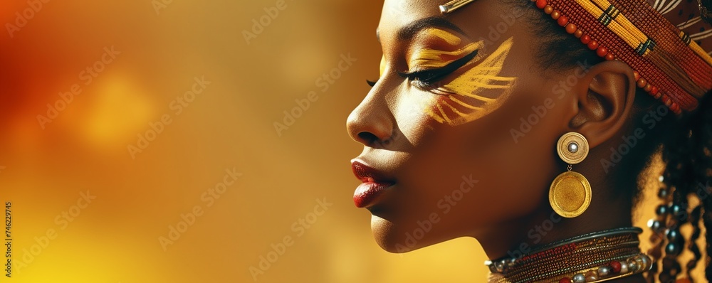 close up portrait of a beautiful African woman with traditional style face painting, panorama golden bokeh background, black model with beauty make up, profile side view - obrazy, fototapety, plakaty 