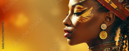close up portrait of a beautiful African woman with traditional style face painting, panorama golden bokeh background, black model with beauty make up, profile side view photo