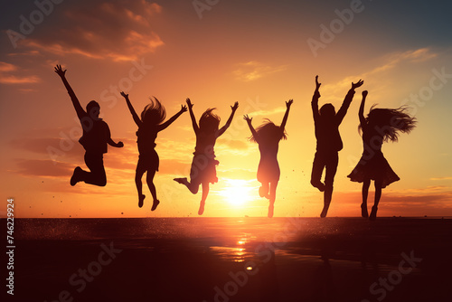 Big group of people having fun in success victory and happy pose with raised arms on mountain top against sunset lakes and mountains