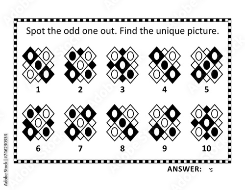 Abstract brain game, or visual puzzle. Answer included. Spot the odd one out. Find the unique picture.
