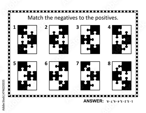 Abstract brain game, or visual puzzle with tiny jigsaw puzzles. Answer included. Match the pairs - negatives to positives.
