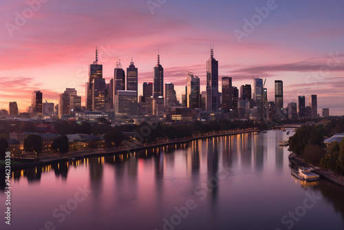 Stunning Twilight Panorama of Modern Cityscape with River Reflection, HD Image