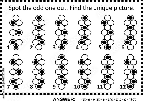 Abstract brain game, or visual puzzle. Answer included. Spot the odd one out. Find the unique picture.
