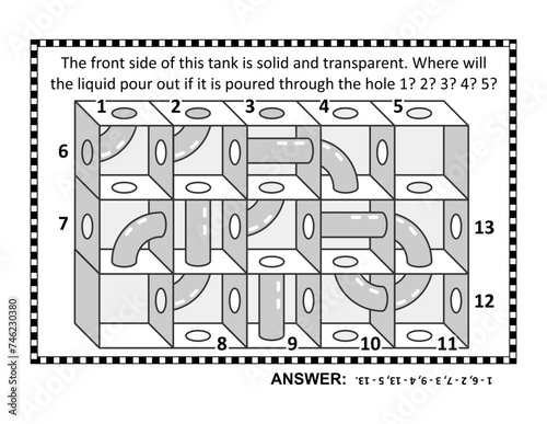 Abstract brain game, or visual puzzle. Answer included. Water ways maze.
