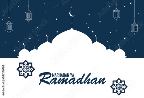 Marhaban Ya Ramadhan with Mosque with starry night cityscape background and hanging lanterns. Vector illustration.