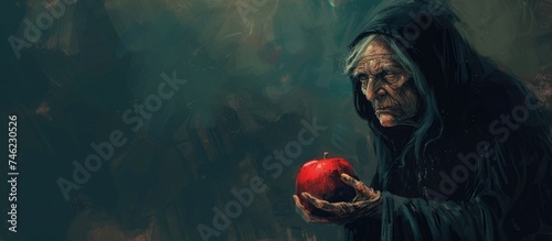 In this haunting painting, a spooky old witch is depicted holding a mysterious red apple in her hand. The unsettling atmosphere is heightened by the sinister expression on her face.