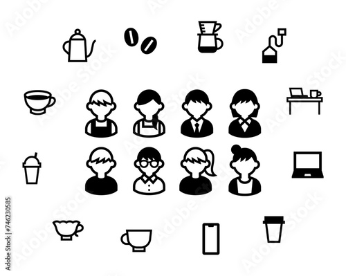 カフェに関連するアイテムと人のアイコンセット