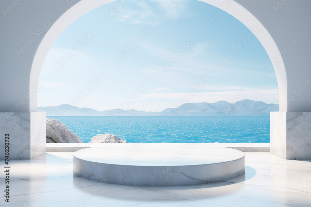 white podium circle, sea view background