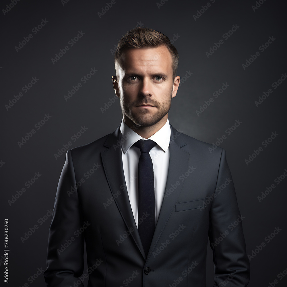 Confident Businessman in Classic Black Suit with Tie. Corporate Leadership and Success Concept Confident Businessman in Classic Black Suit with Tie. Corporate Leadership and Success Concept