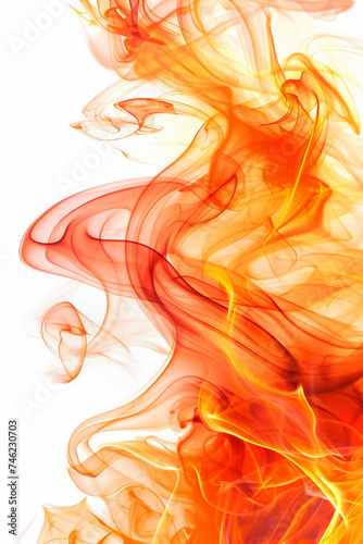 Abstract vibrant orange and yellow smoke patterns on white background, suitable for concepts of fire, energy, and creativity
