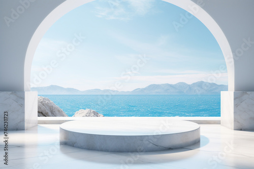 white podium circle  sea view background