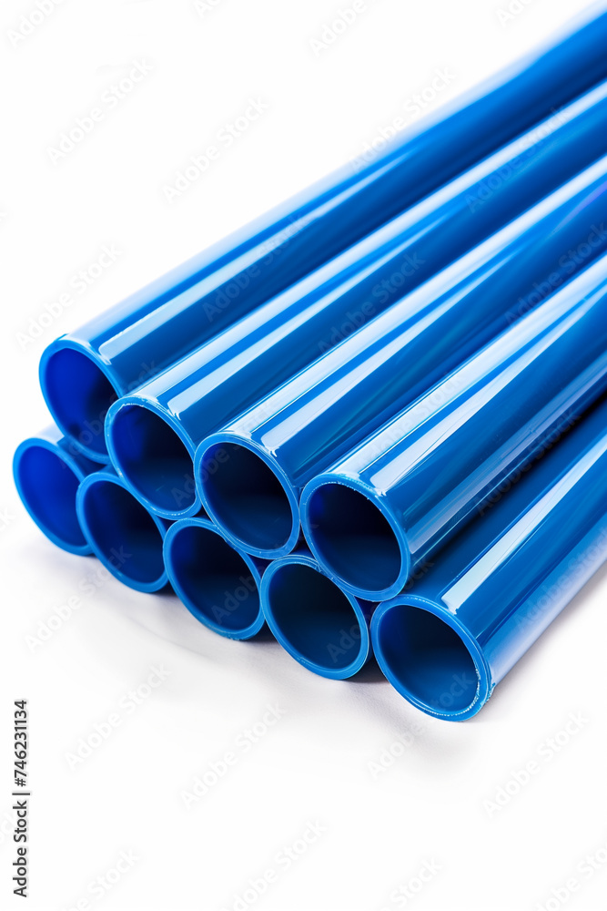 Diagonal arrangement of blue PVC pipes with selective focus on a white background, highlighting industrial materials and plumbing concepts Diagonal arrangement of blue PVC pipes with selective focus on a white background, highlighting industrial materials and plumbing concepts