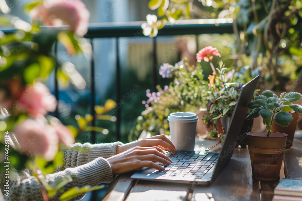 Hands Typing on a Laptop Keyboard in an Outdoor Setting, Such as a Balcony, Garden, or Rooftop Terrace. Hands Typing on a Laptop Keyboard in an Outdoor Setting, Such as a Balcony, Garden, or Rooftop Terrace.