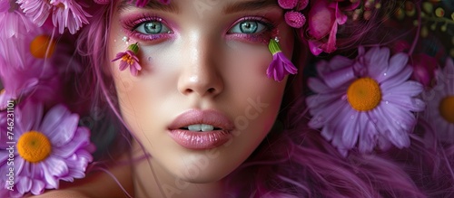 A sexy woman with purple hair  adorned with various flowers in her hair  delicately styled makeup  and captivating satin eyes.