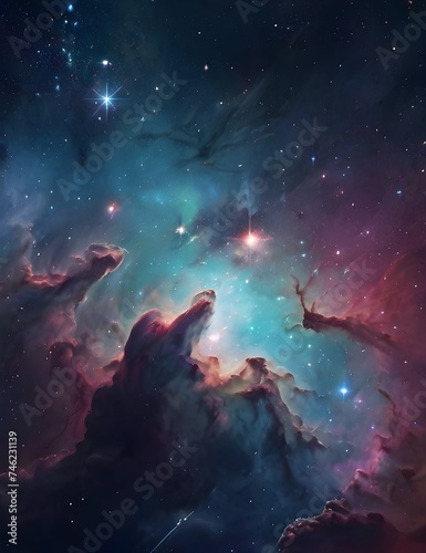 Abstract Dreamy Background Wallpaper Template of Nebula Sparkling Stars Stardust Galaxy Space Universe Astro Cosmos Milky Way Panorama Night Sky Fantasy Colorful Tone Generative AI © Burhan