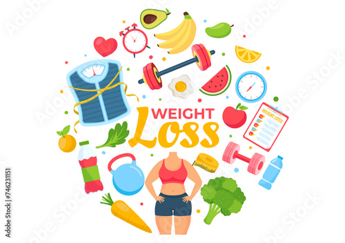 Weight Loss Vector Illustration of Woman Body Transformation Concept with Fitness, Sport, Diet and Healthy Lifestyle in Flat Cartoon Background