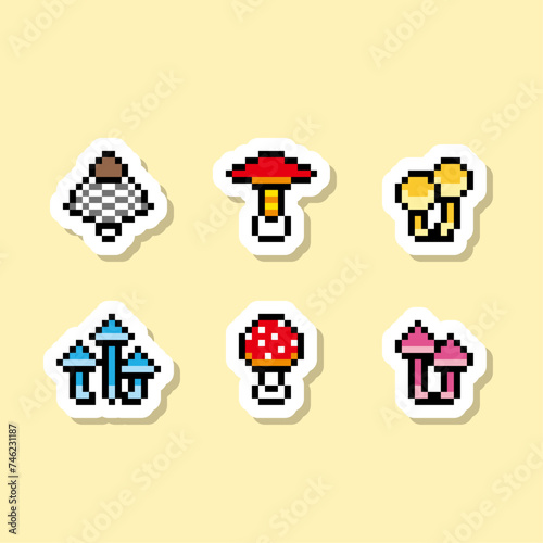 6種類のキノコのピクセルアート ラベル