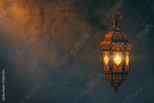 Generative AI Image of Golden Islamic Ramadan Lantern Hanging on Dark Wall Background