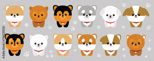 Cute dogs doodle vector set. Cartoon cutie dog or puppy characters design collection with flat color in different poses. Set of funny pet animals isolated on white background. Brown black white gray