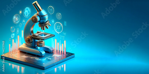 a microscope isolated on a blue background, banner with space for text