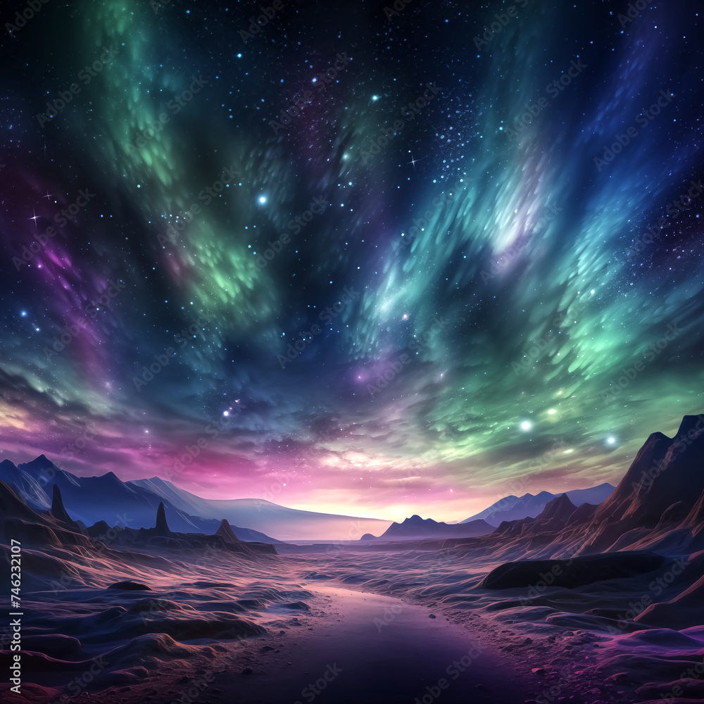 Northern lights dancing over a desert, magical and mystical natu