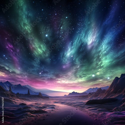 Northern lights dancing over a desert, magical and mystical natu © pasakorn