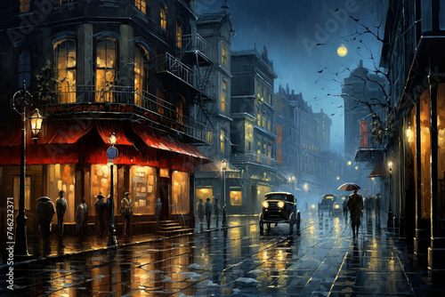 night city street under the rain, rain falls in the city