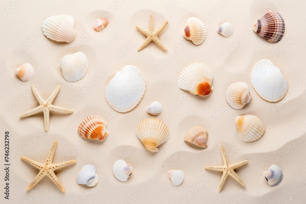 Sea shells on a sand background with a Beach theme