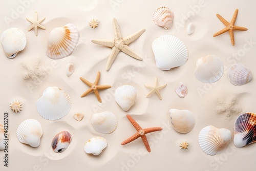 Sea shells on a sand background with a Beach theme