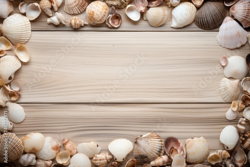 Frame of sea shells arranged around a vintage wooden panel.