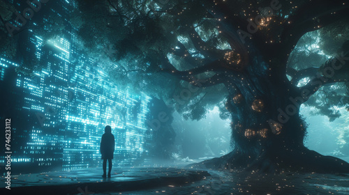 A surreal scene of a holographic forest with trees made of numerical data and leaves composed of different currencies. In the center a person stands interacting with various