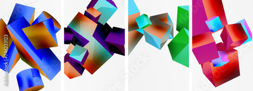 Flying 3d shapes, cubes and other geometric elements background design for wallpaper, business card, cover, poster, banner, brochure, header, website