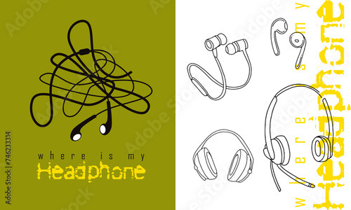 Big small and wireless headphones and wehere is my head phone lettering vector illustration