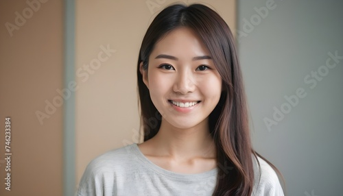 Portrait of a Cheerful Asian Japanese, Korean young woman, girl. close-up. smiling. at home, indoor. 